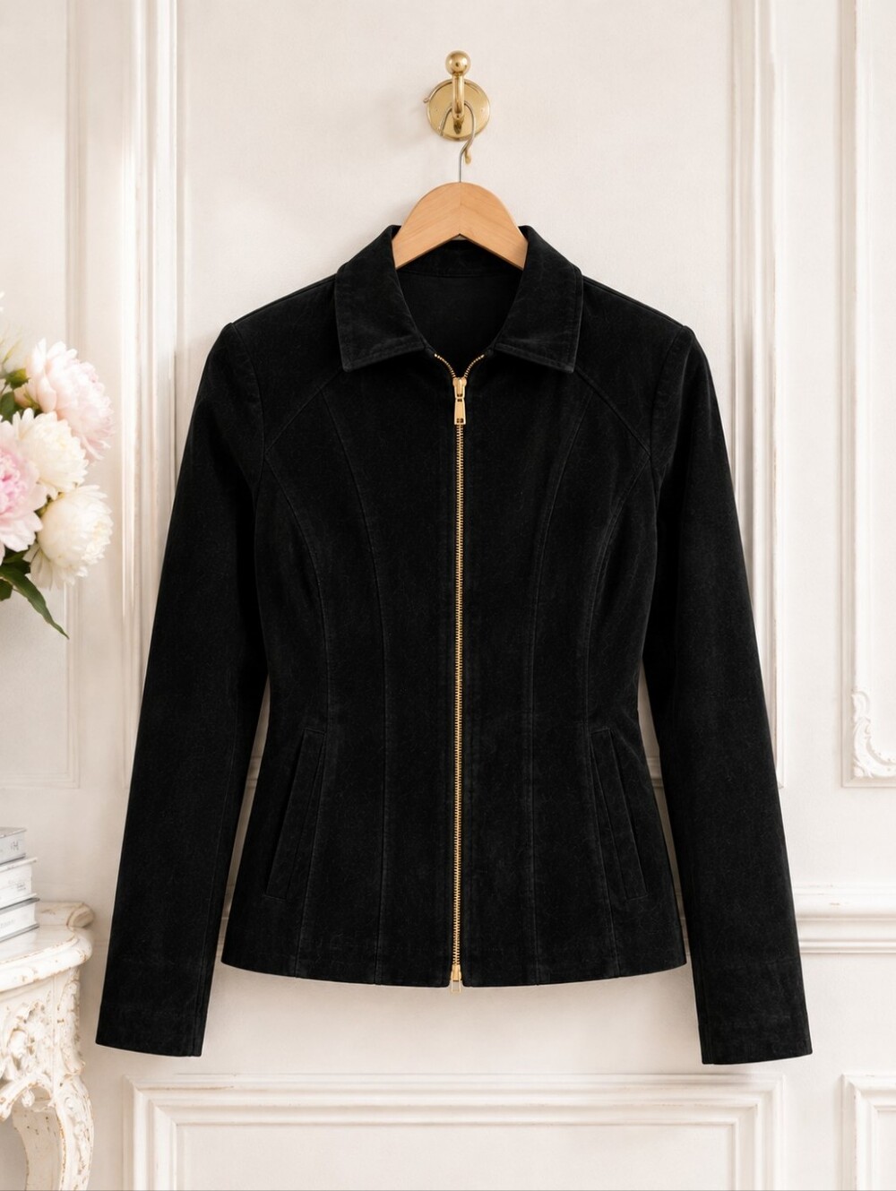NWT Dennis Basso Black Washable Suede Leather Jacket L Gold Zip - Picture 6 of 11